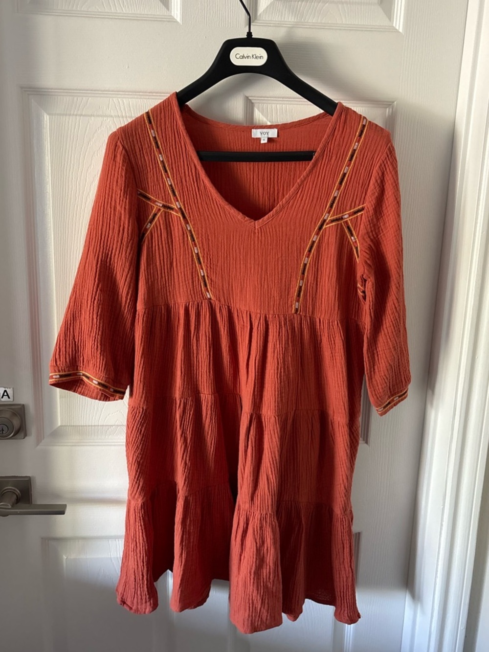 Voy Rust Orange Gauze Tiered Babydoll Mini Dress with Embroidery - Size S